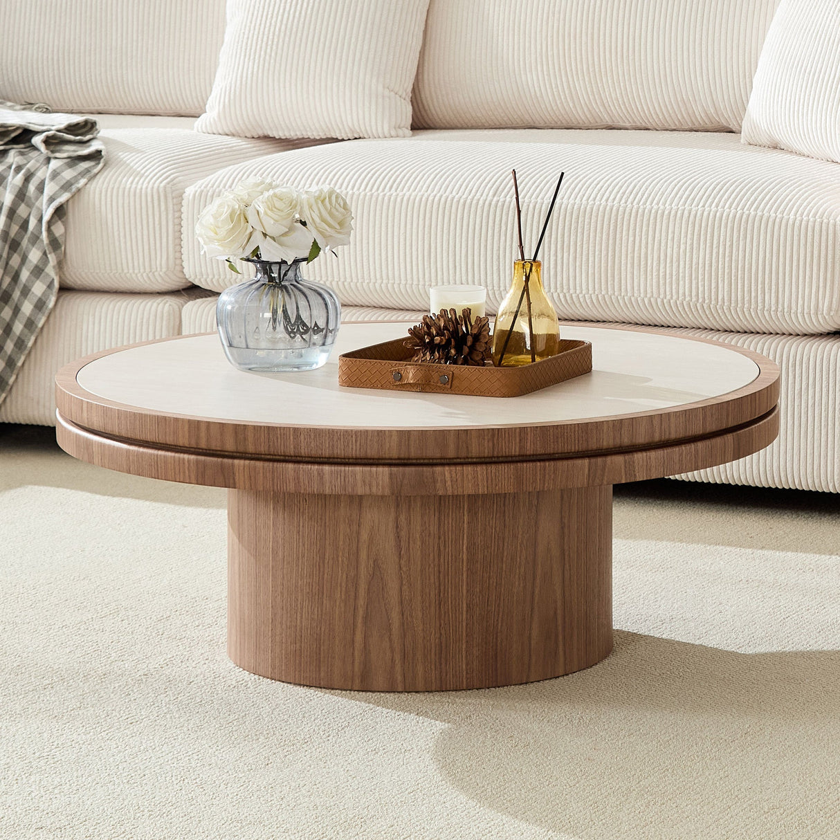Mid Century Coffee Table with Stone Tabletop & Walnut Finish - OROA