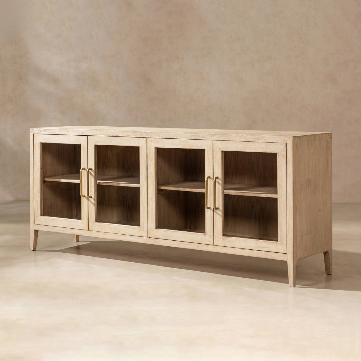 Marlowe Glass Door Sideboard with Brass Handles, Brushed White Reclaimed Pine - OROA Online Furniture