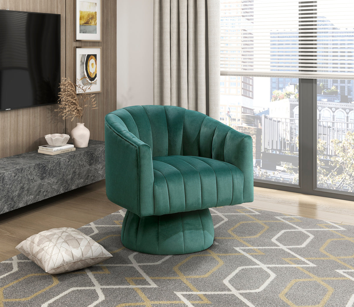 Dark Green Channel Stitched Velvet Swivel Chair – OROA, view 8