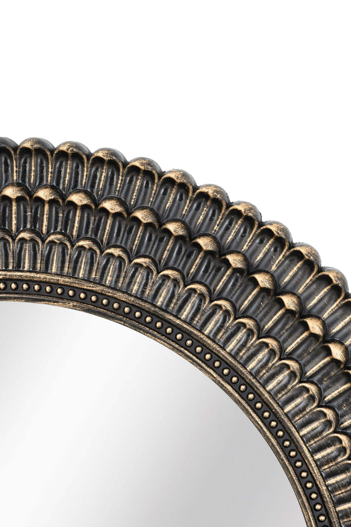 Round Black and Gold Wooden Accent Mirror with Woven Texture