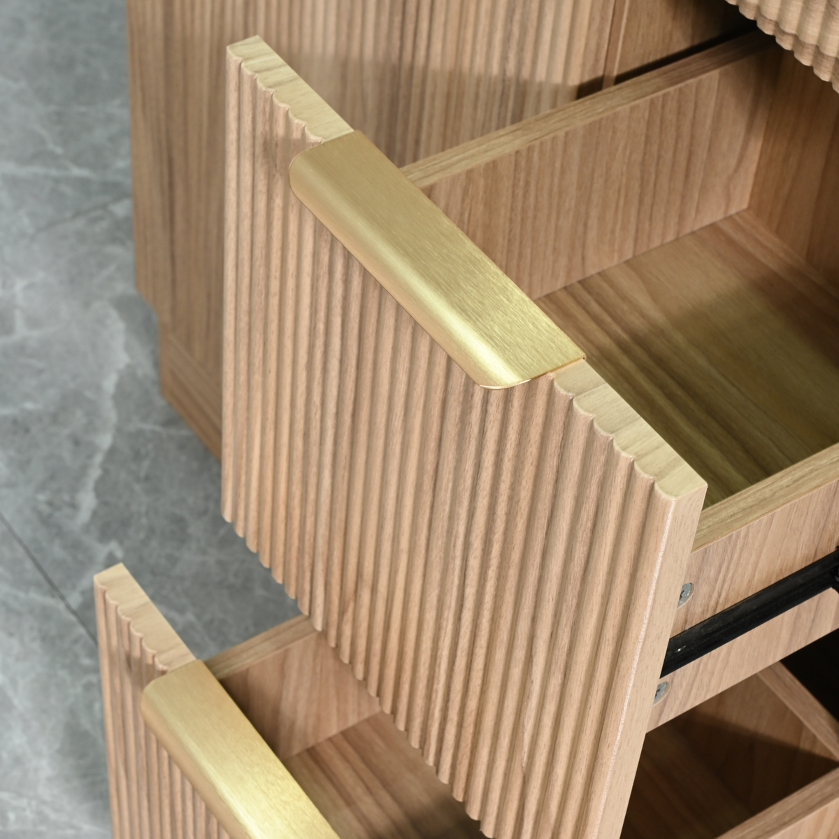 Walnut-Look Fluted Bathroom Vanity with Ceramic Sink — fluted drawer and handle close-up