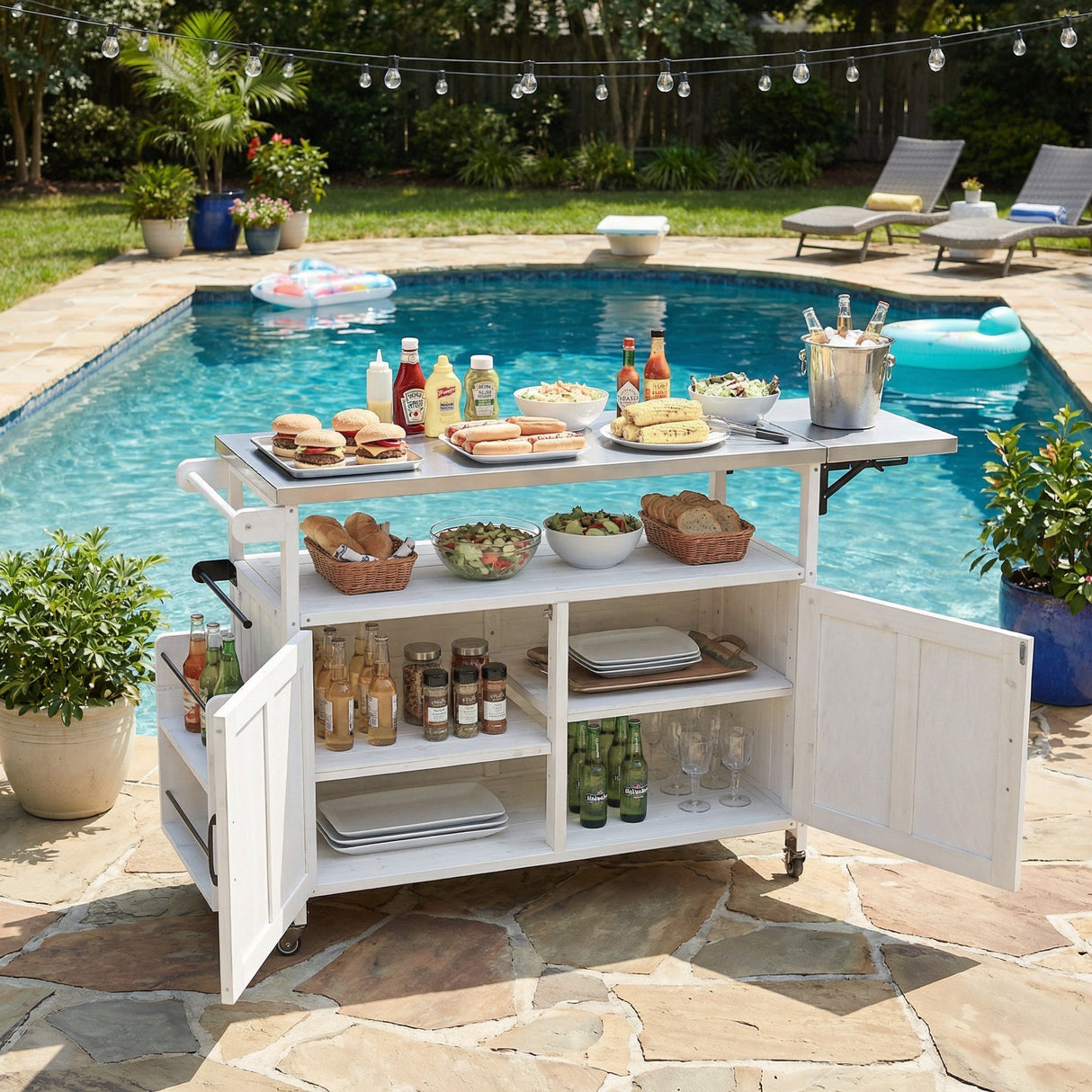 Foldable Outdoor Kitchen Island Patio Cart - White