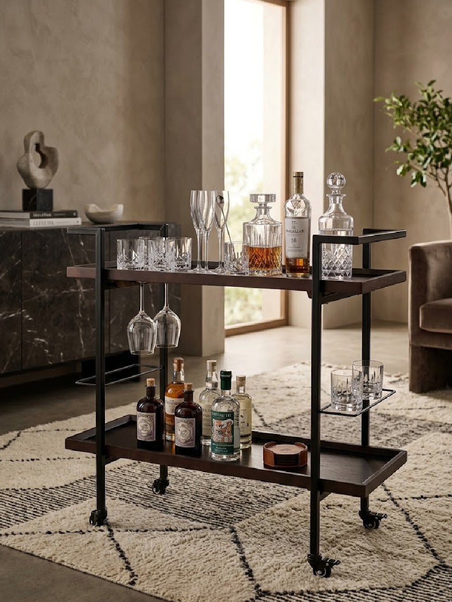 Modern Industrial Walnut Wood Bar Cart | OROA