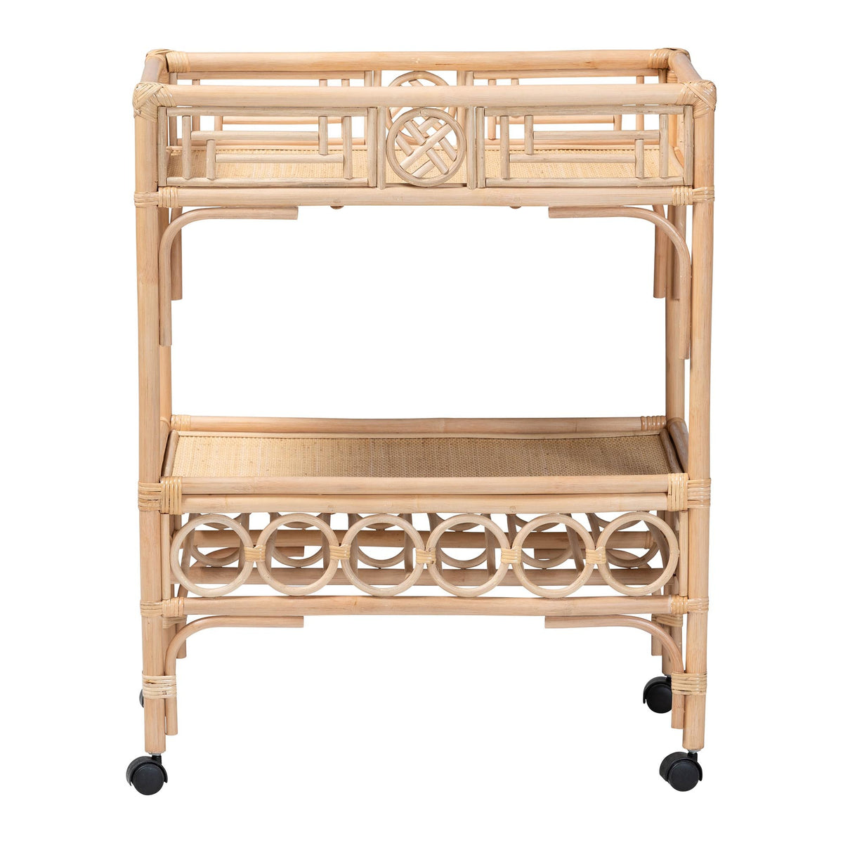 Natural Rattan 2-Tier Wine Cart with Wheels and Bottle Holders, Tropical Coastal Style - OROA Modern Furniture