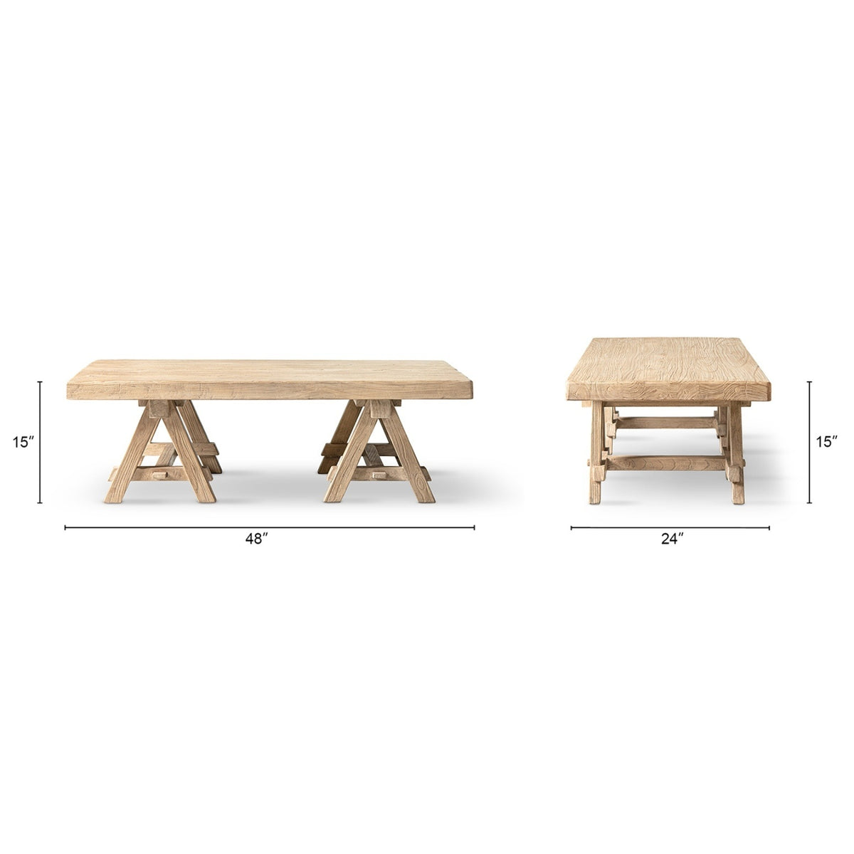 Hawthorne Reclaimed Elm Rectangular Trestle Coffee Table, Heritage Light Natural Brown - OROA Online Furniture