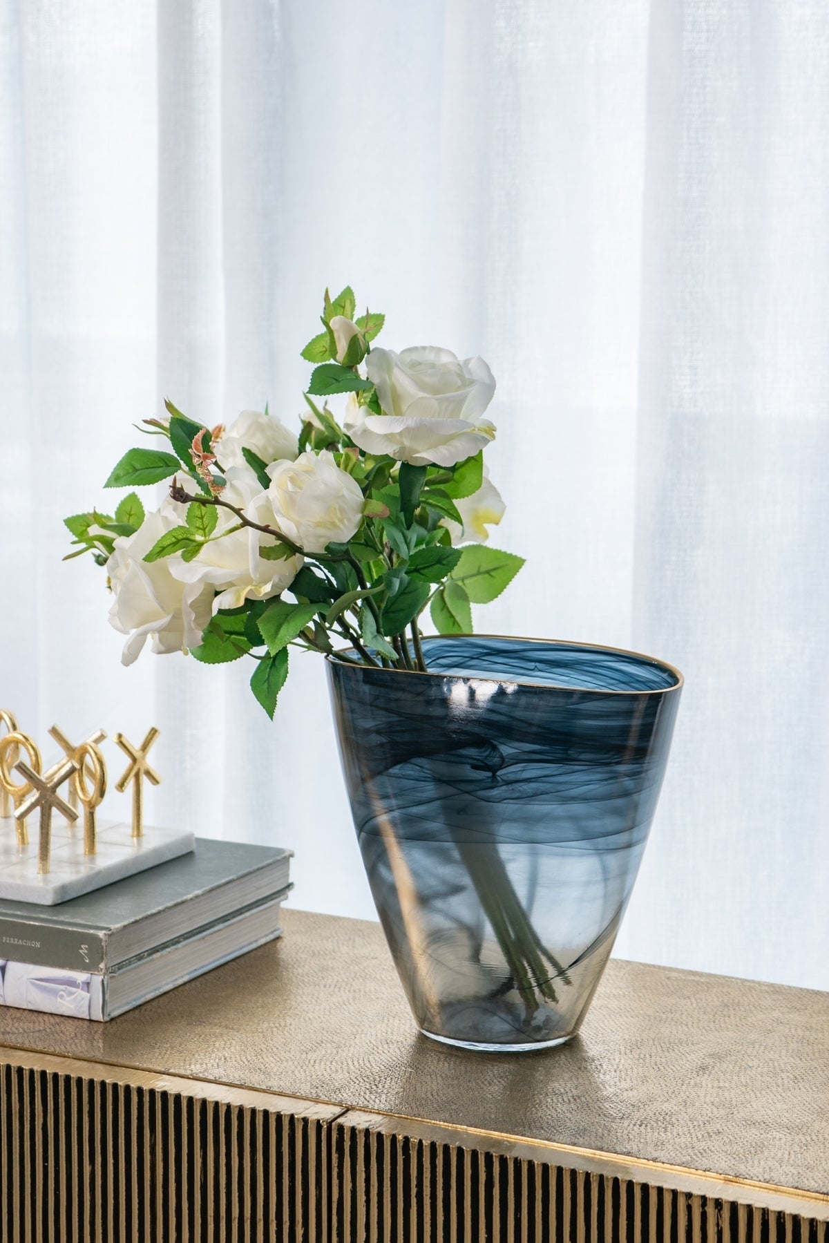 Smokey Black Glass Vase with Gold Rim
