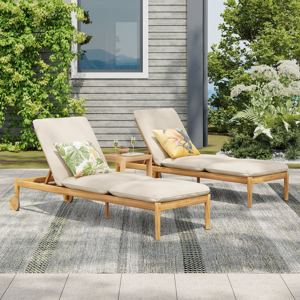 Riviera Outdoor Chaise Lounge with Wheels, Acacia Wood Frame (S/2)