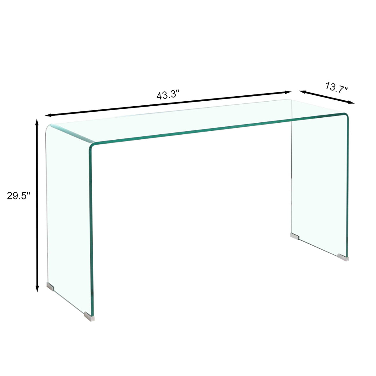 Glass console table with dimensions labeled on a white background