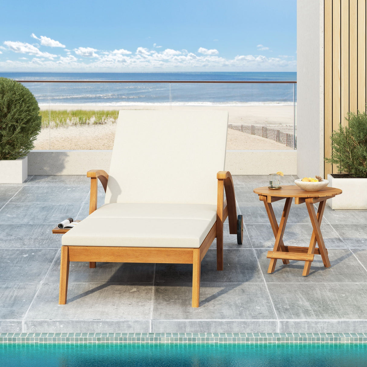 Outdoor Chaise Lounge on Wheels, Acacia Wood - OROA