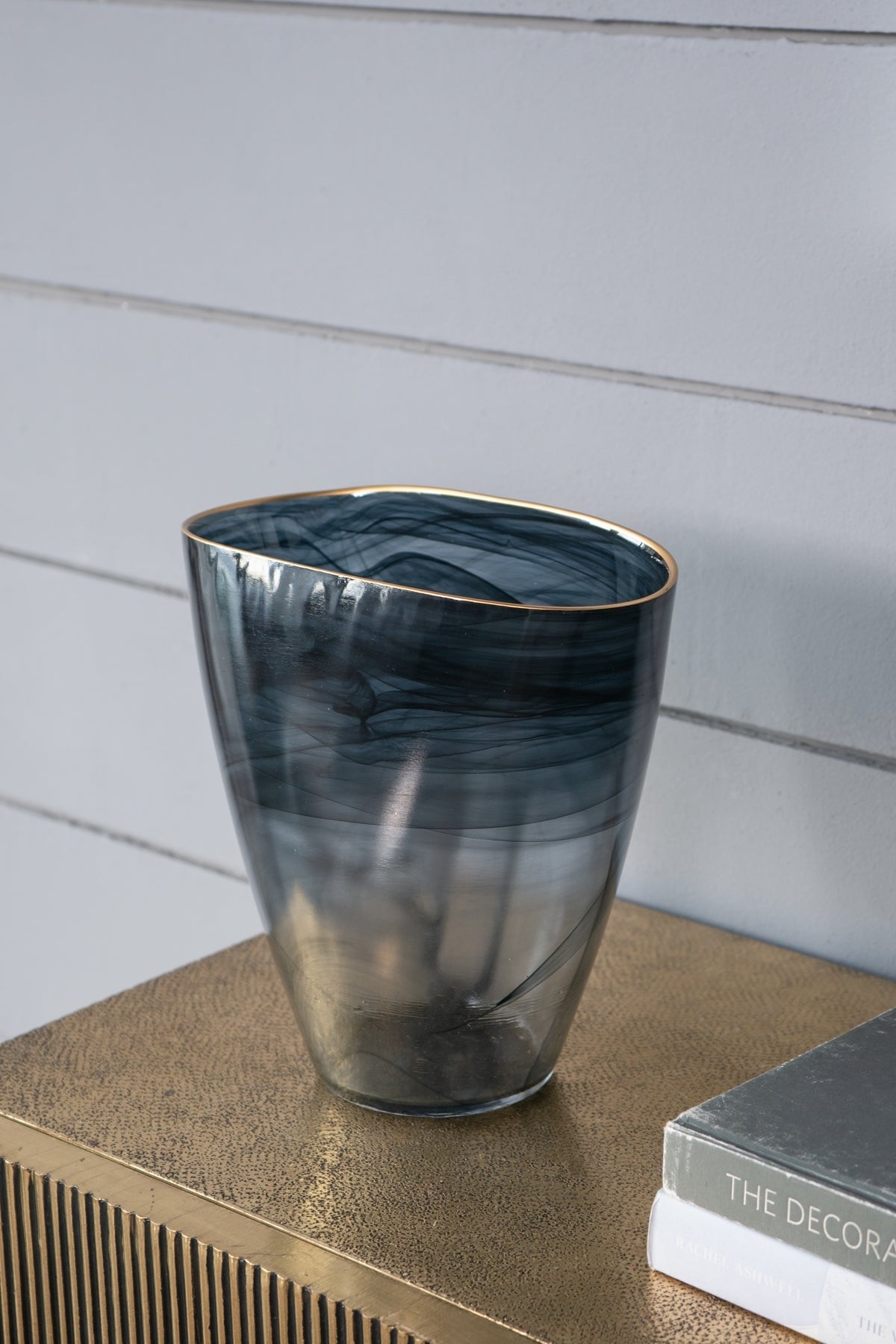 Smokey Black Glass Vase with Gold Rim