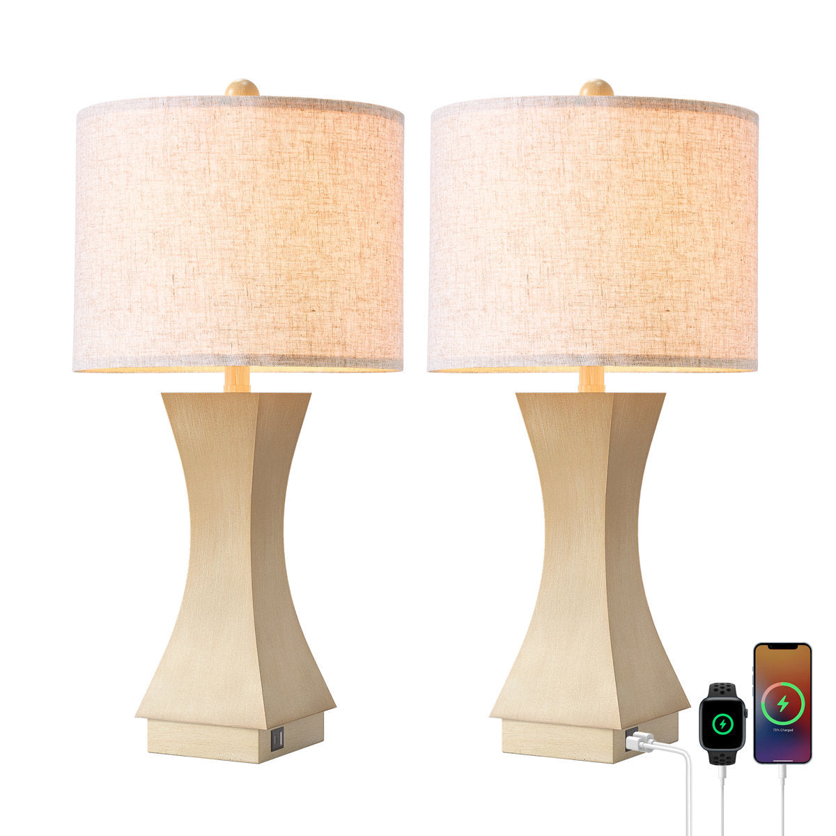 Beige Resin Dimmable USB Table Lamps — lit pair with charging devices
