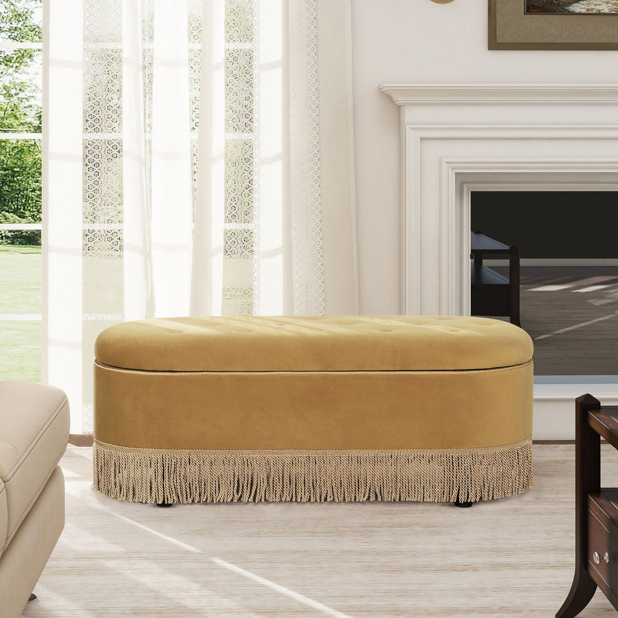 Melindaa - Oval Tufted Bullion Fringe Storage Bench