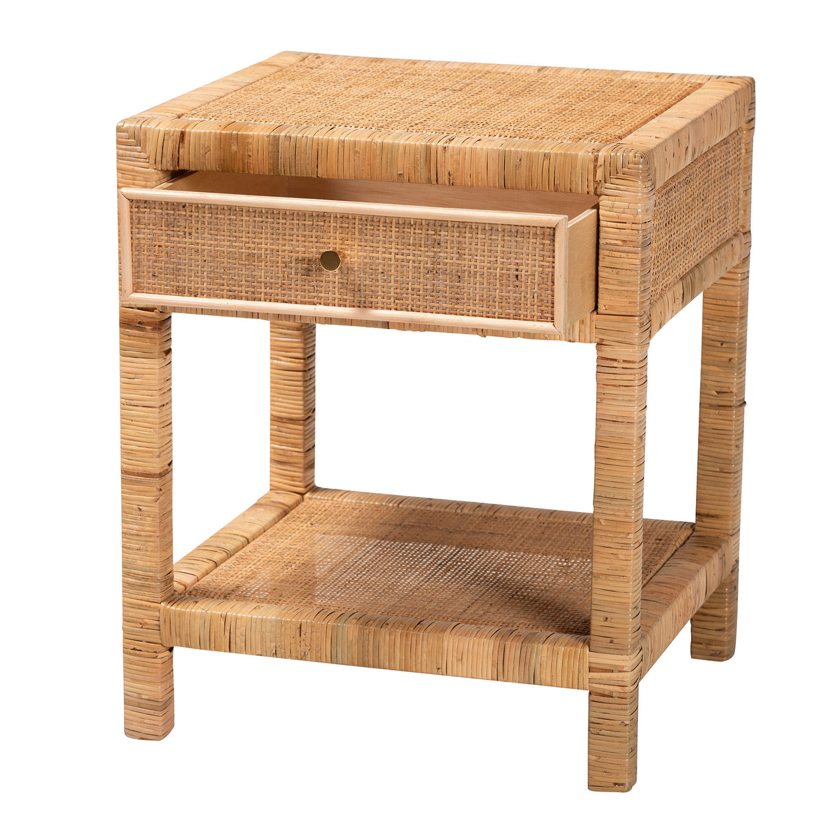 Rattan and Mahogany One Drawer Nightstand – OROA, view 3