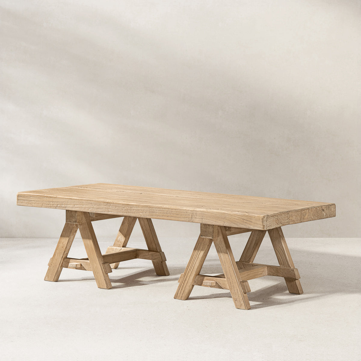 Hawthorne Reclaimed Elm Rectangular Trestle Coffee Table, Heritage Light Natural Brown - OROA Online Furniture