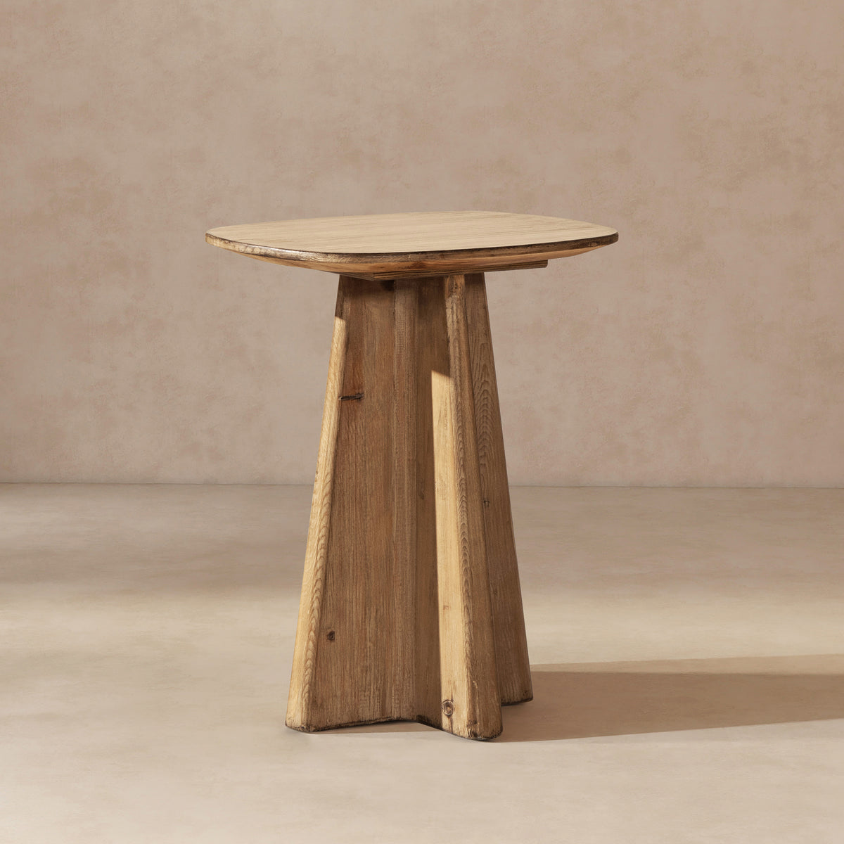 Clarence Rectangular End Table with Sculptural Pedestal Base, Antique Natural Brown Reclaimed Pine - OROA Online Furniture