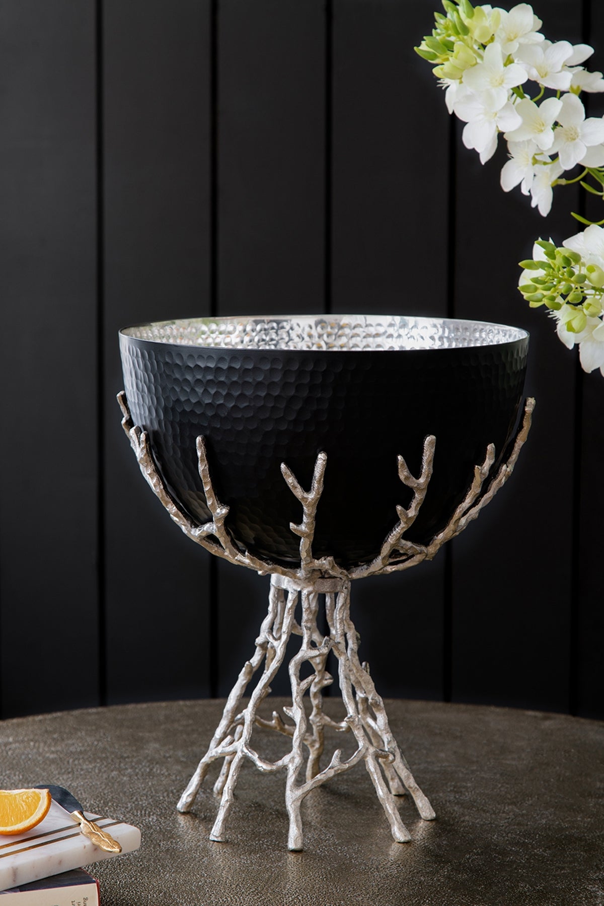 Black & Silver Twig Pedestal Decorative Bowl | OROA