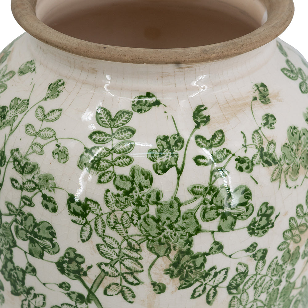 White Ceramic Flower Vase with Green Floral Pattern - OROA