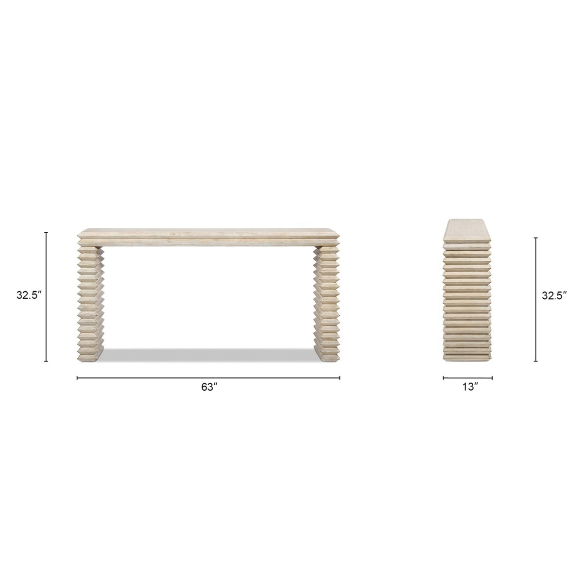 Veda Whitewashed Reclaimed Pine Geometric Console Table with Slim Stacked Legs - OROA Modern Furniture