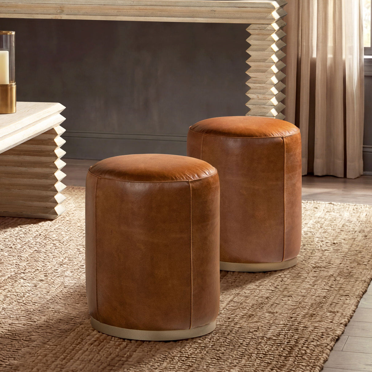 Round Brown Leather Ottoman - OROA