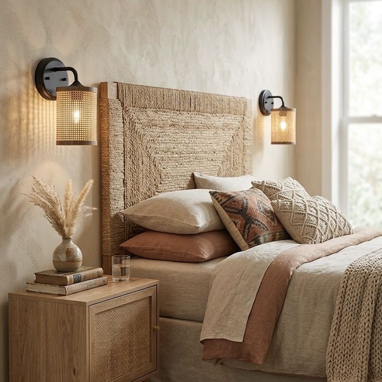 Black Rattan Wall Sconce Wicker - OROA