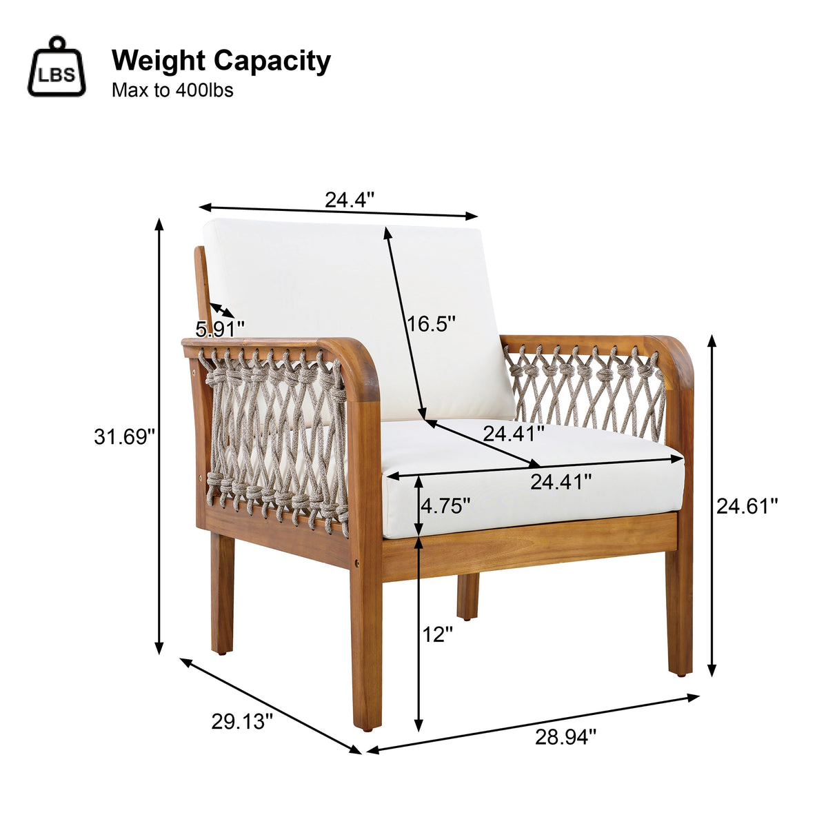 Teak - Outdoor Acacia Wood Club Chair with Handwoven Rope