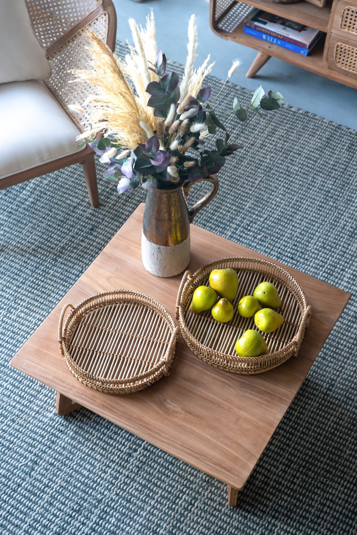 Round Decorative Brown Bamboo Woven Trays with Handles (S/3)
