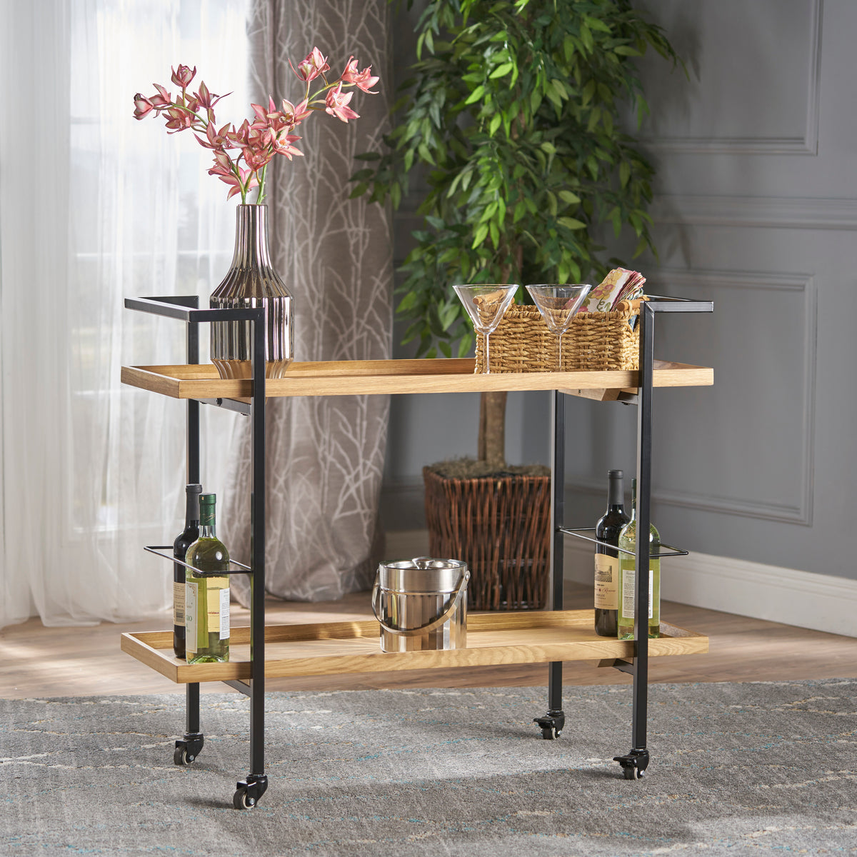Modern Industrial Bar Cart with Shelving and Casters, Natural Wood and Metal - OROA Online Furniture