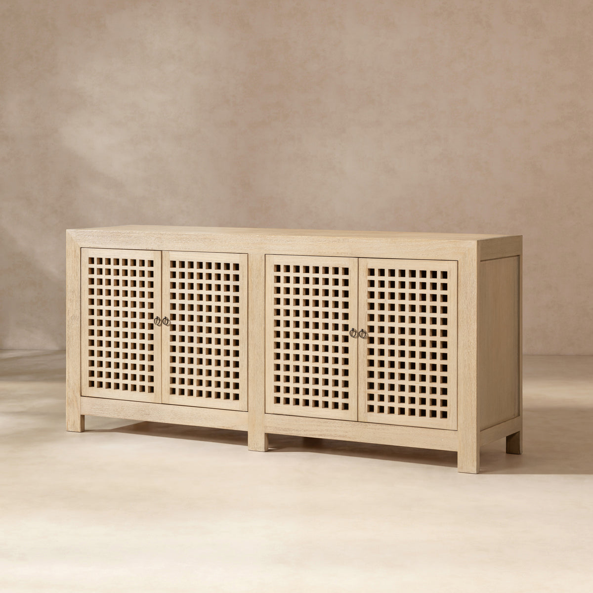Alden Reclaimed Pine Lattice 4-Door Cabinet, Brushed White - OROA Online Furniture