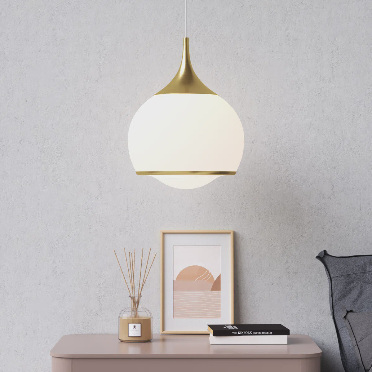 Gold Glass Integrated LED Pendant Light — above a console