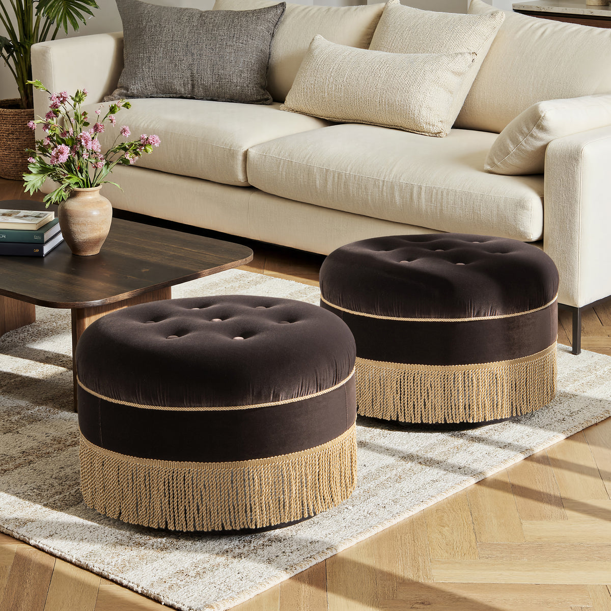 Yolanda Round Upholstered Accent Ottoman, Deep Brown Performance Velvet - OROA Online Furniture