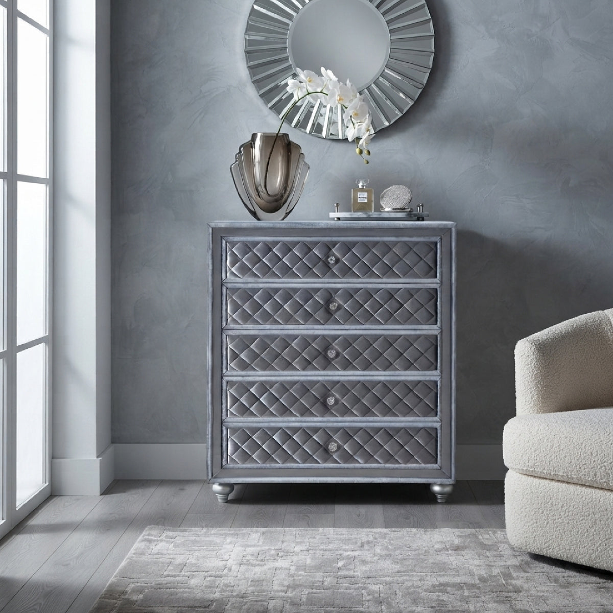 Gray Velvet Tufted 5-Drawer Chest | OROA