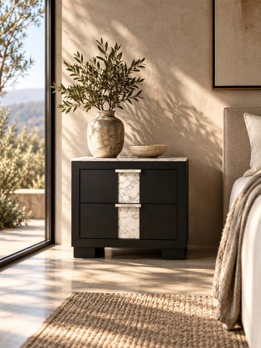 Black White Two Drawer Nightstand | OROA