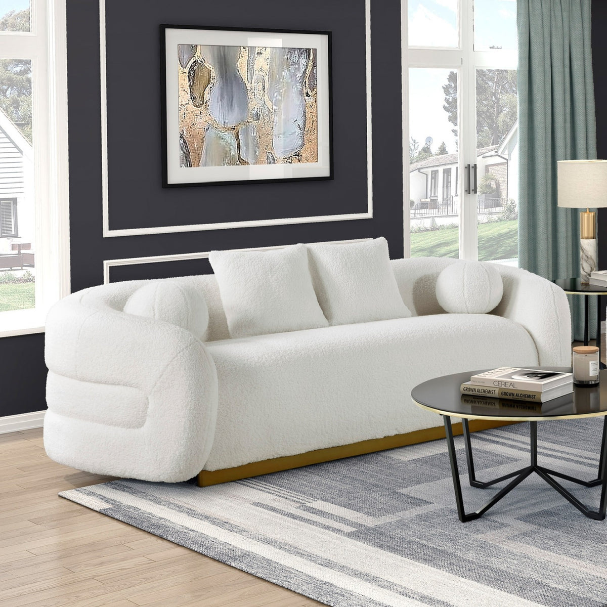 White Fabric Upholstered Sofa with Pillows | OROA