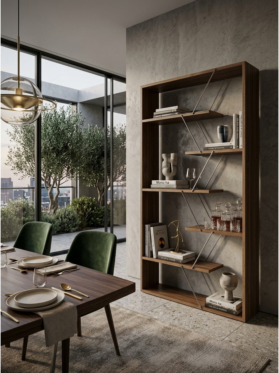 Industrial Walnut 6-Shelf Open Back Etagere Bookcase | OROA