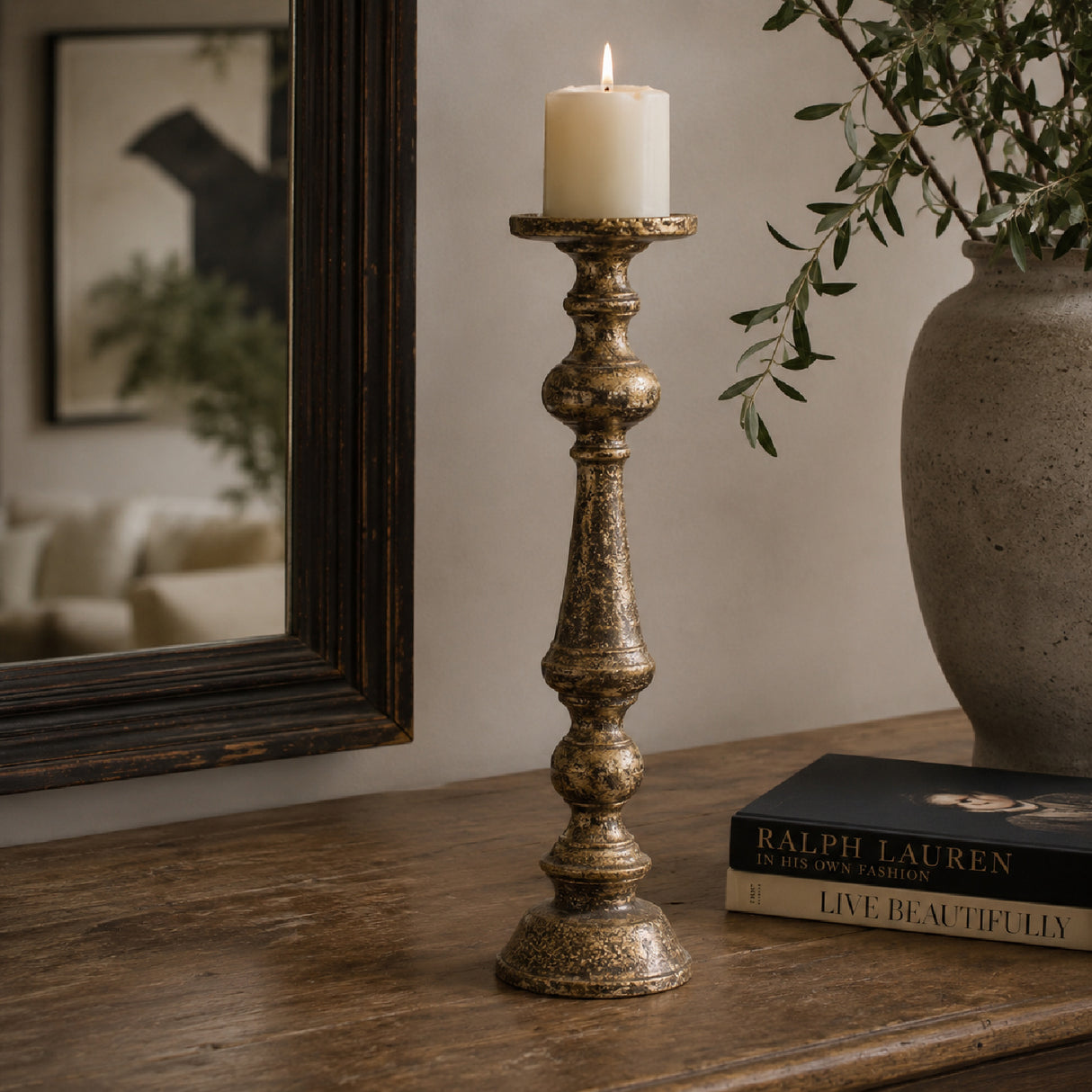 Antique Brass Turned Pedestal Candle Holder | OROA
