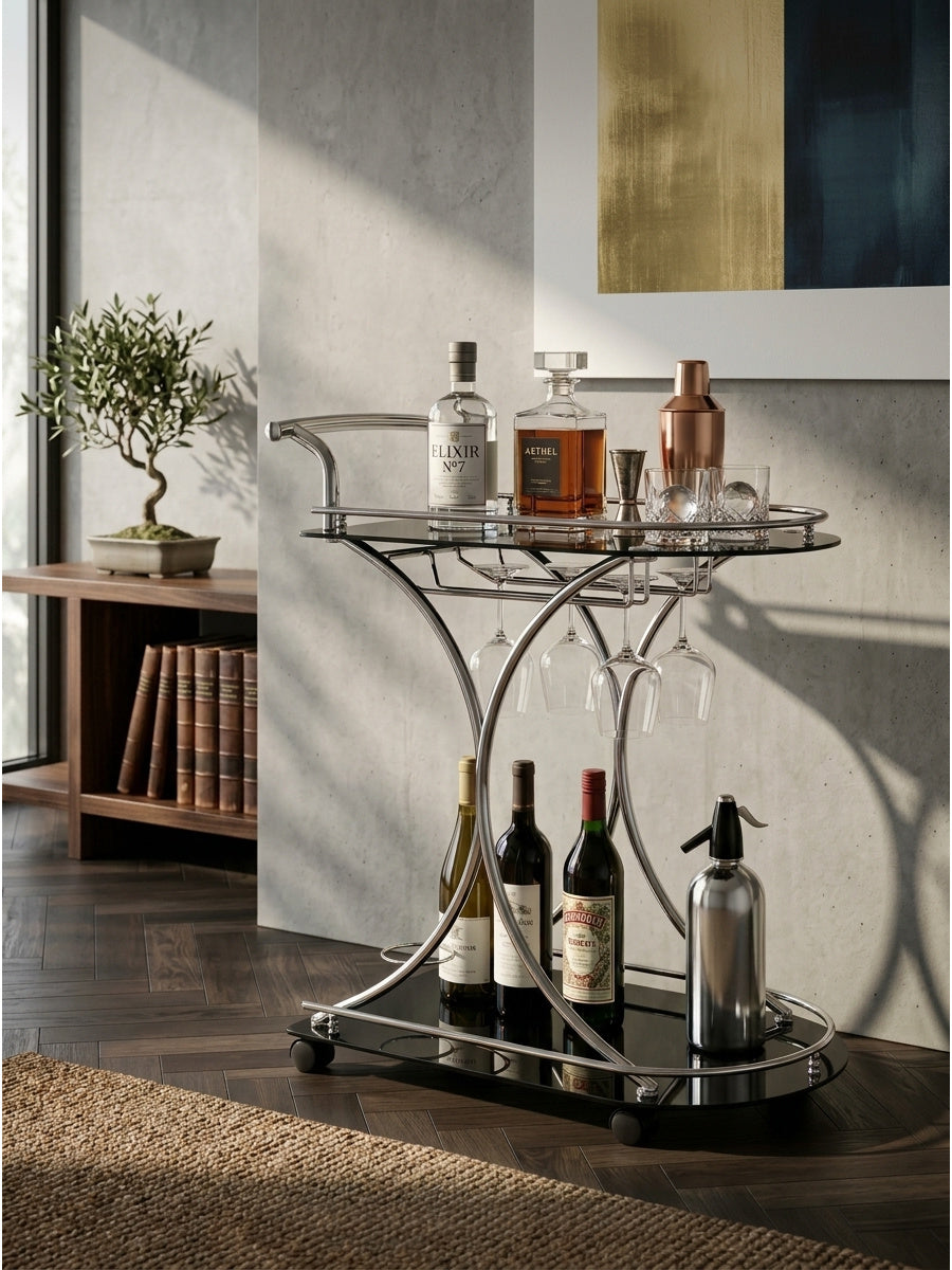 Allen Black and Chrome 2-Tier Glass Bar Cart | OROA