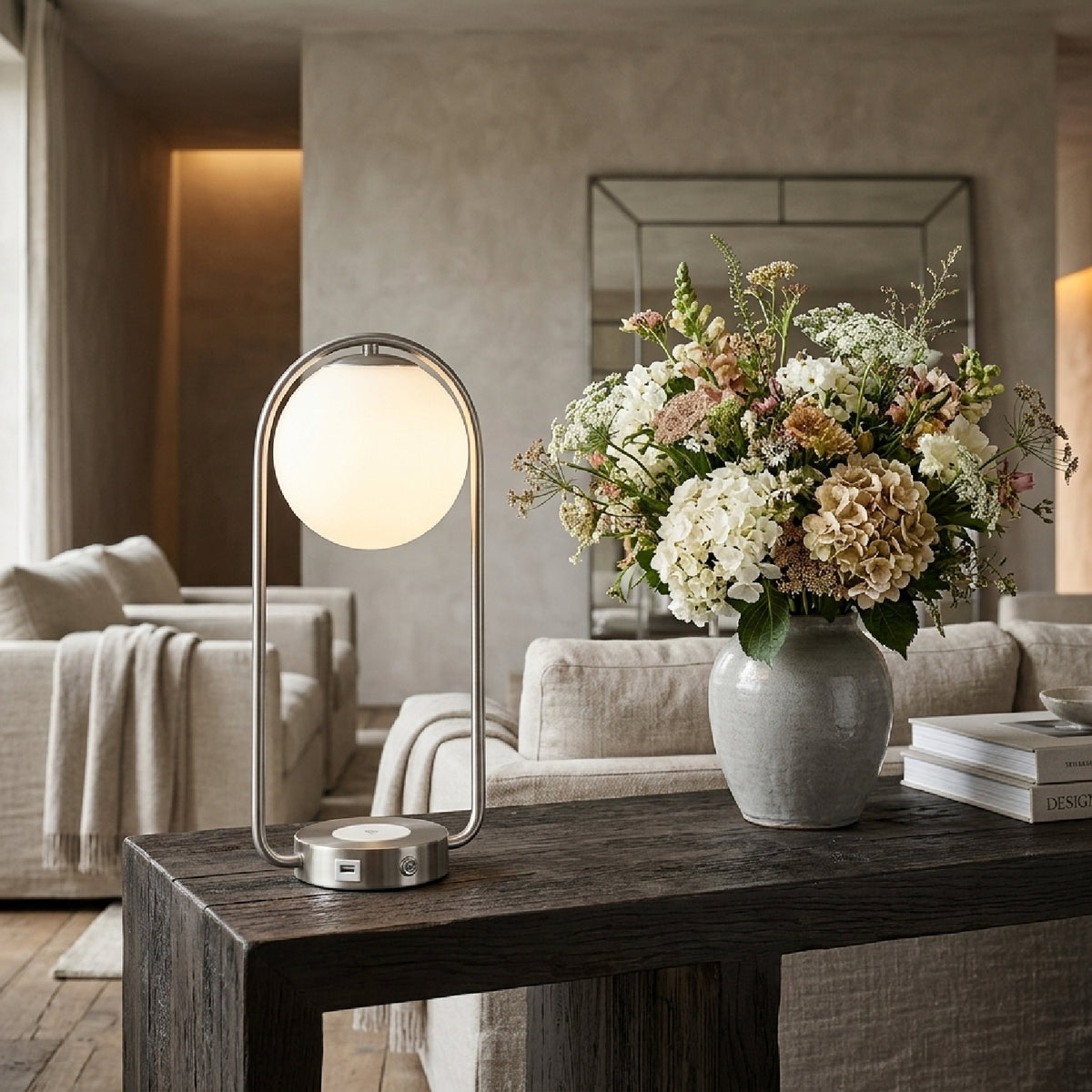 Silver & White Glass Globe Table Lamp by OROA