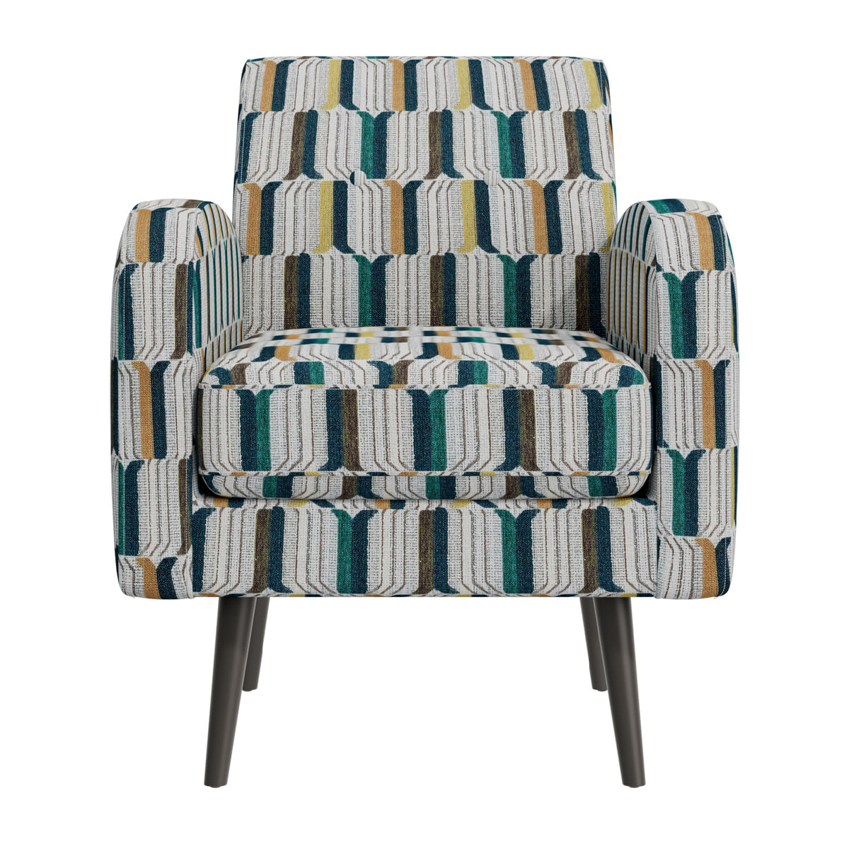 A modern armchair with a textured geometric striped pattern in teal, mustard yellow, brown, and off-white, supported by dark tapered legs, shown against a plain white background.
