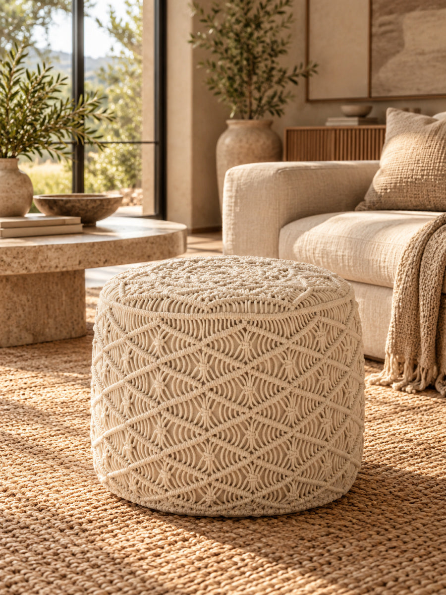 Modern European furniture - Natural Handwoven Cotton Macrame Round Pouf - www.oroa.com