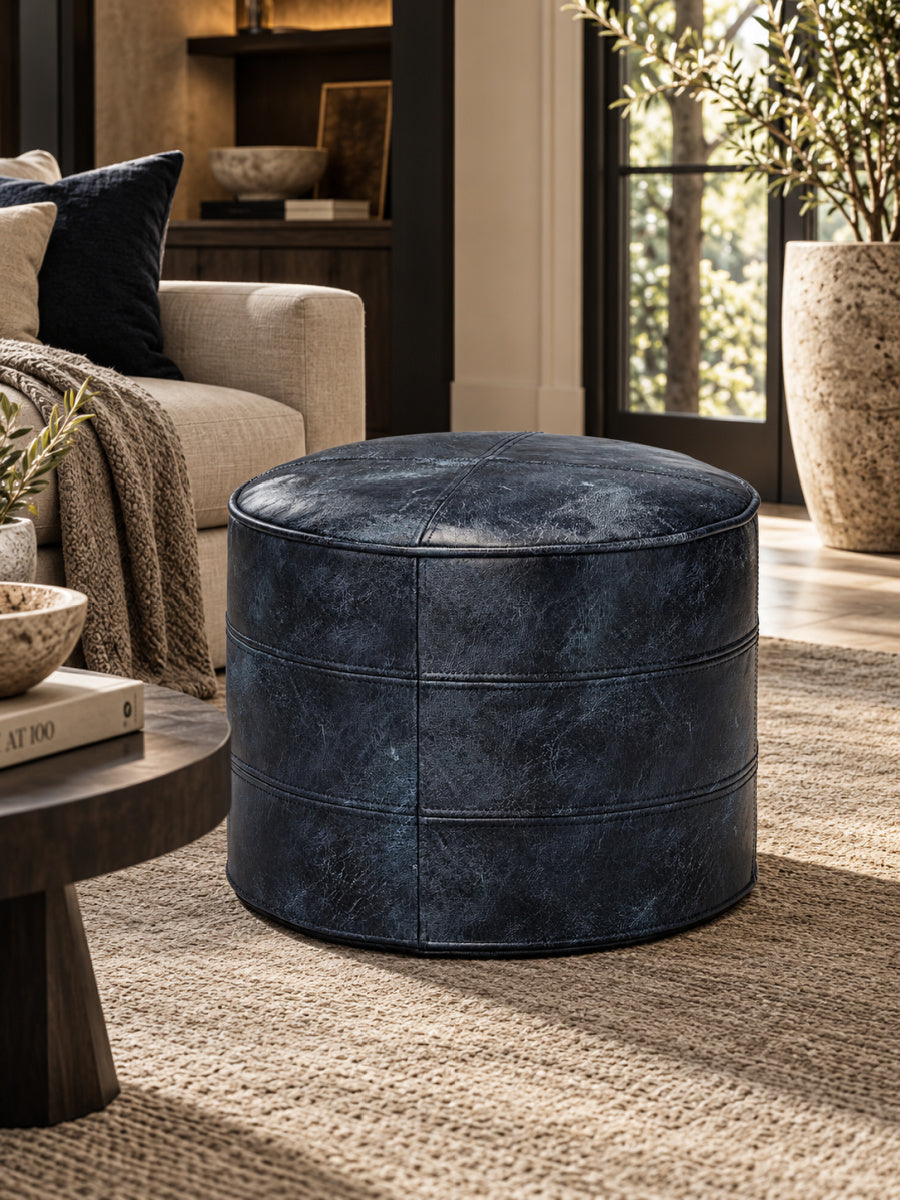 Modern European furniture - Genuine Leather Blue Round Pouf - www.oroa.com