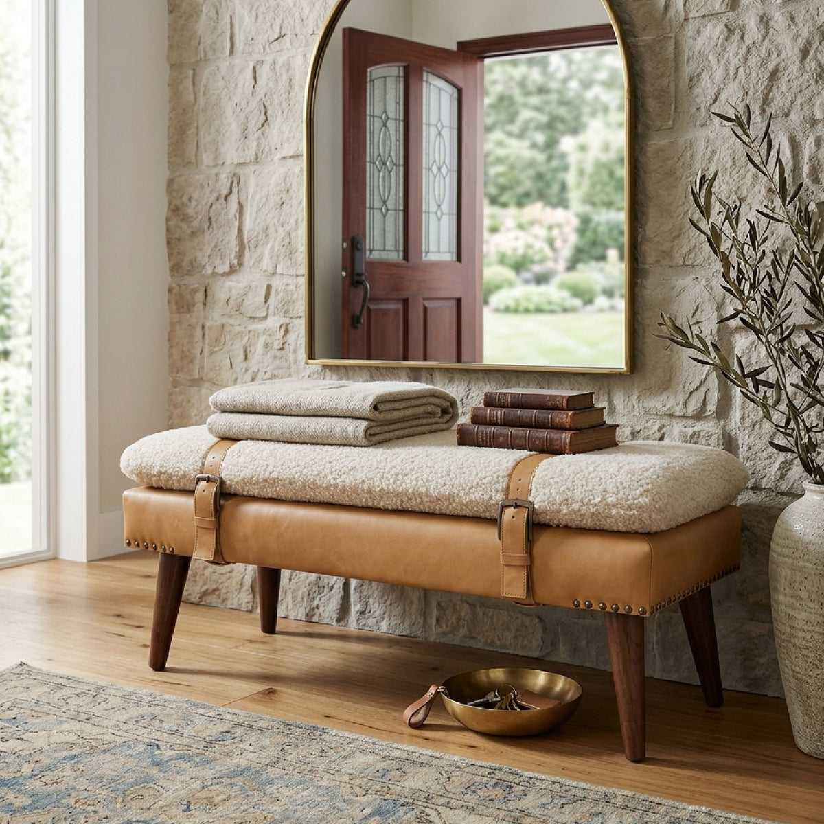 Modern European furniture - Solid Wood Boucle Tan Leather Bench - www.oroa.com