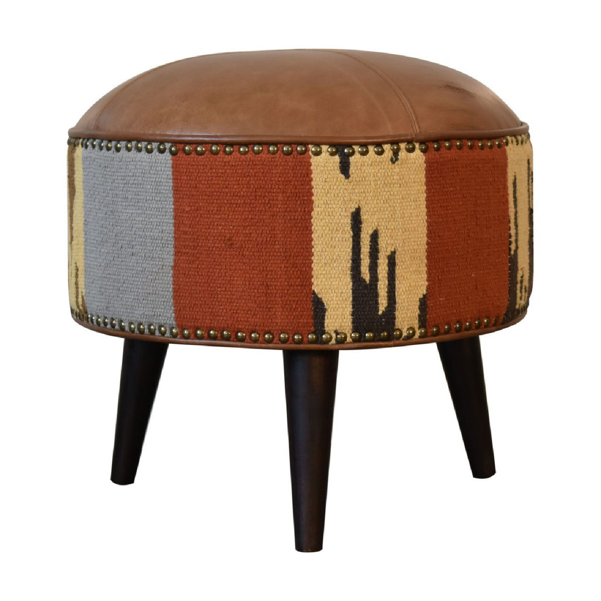 Solid Wood Leather Mixed Upholstered Footstool | OROA
