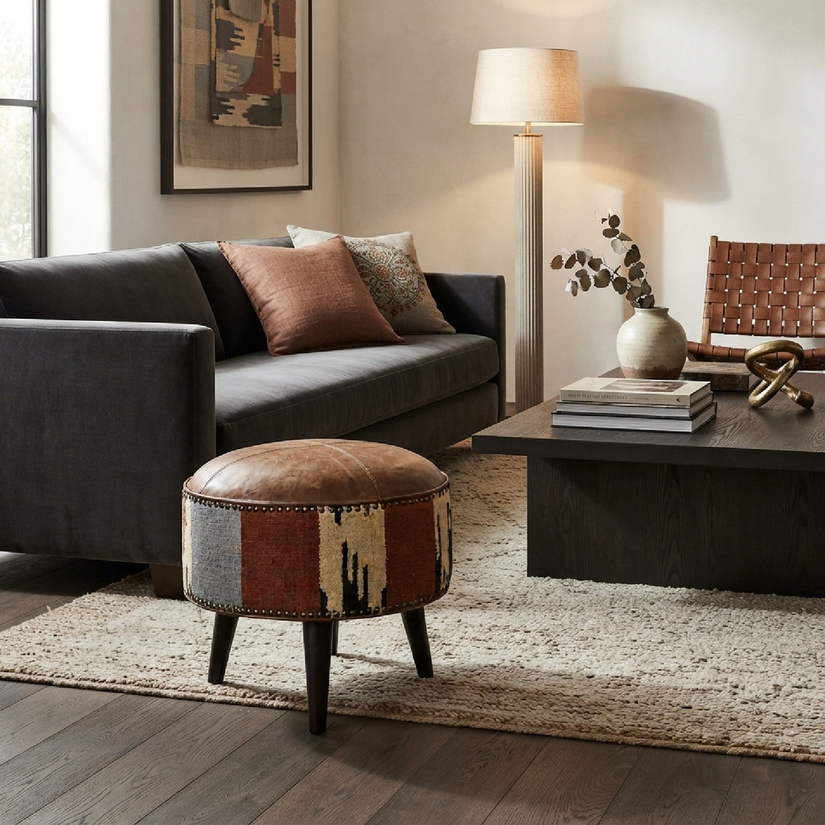 Solid Wood Leather Mixed Upholstered Footstool | OROA