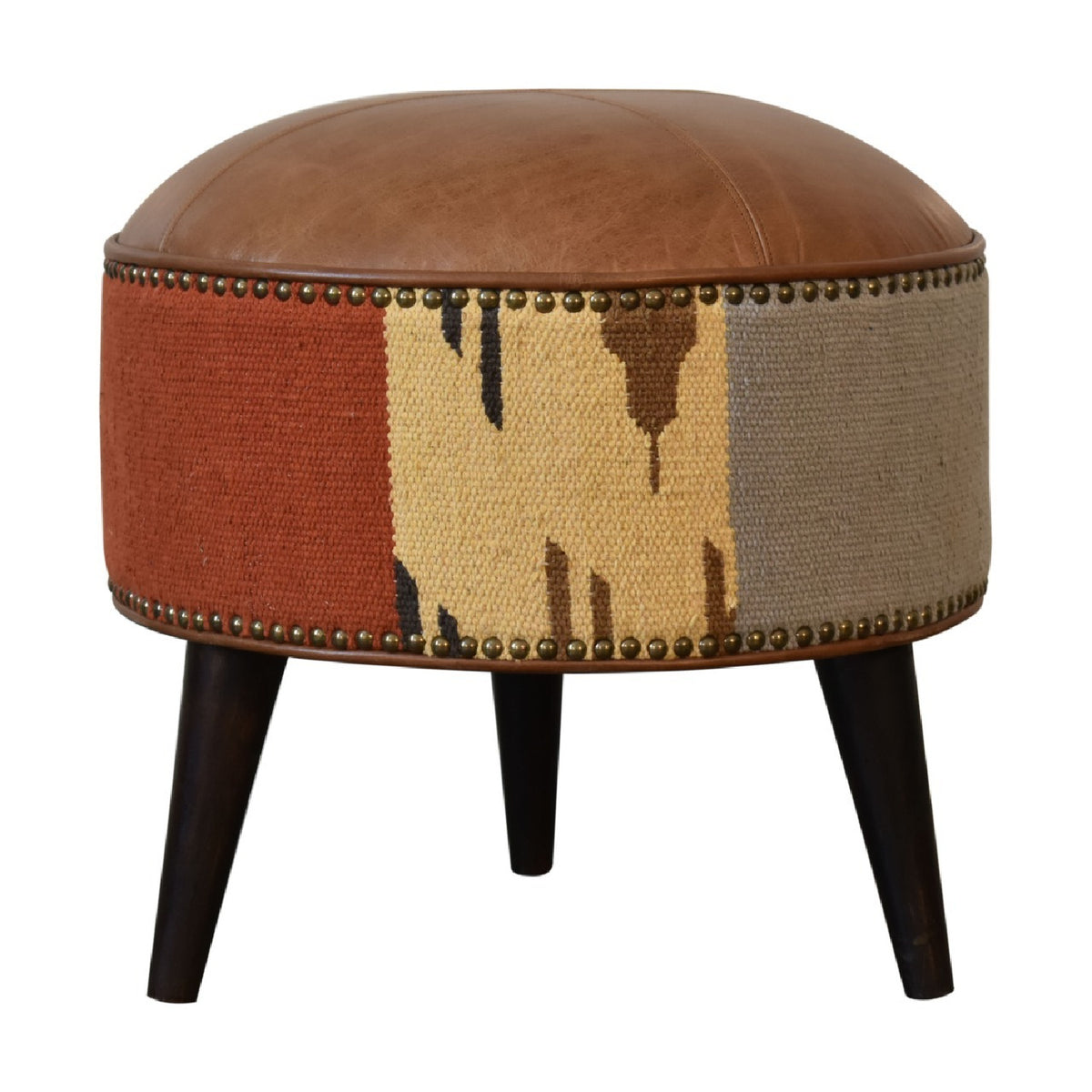 Solid Wood Leather Mixed Upholstered Footstool | OROA