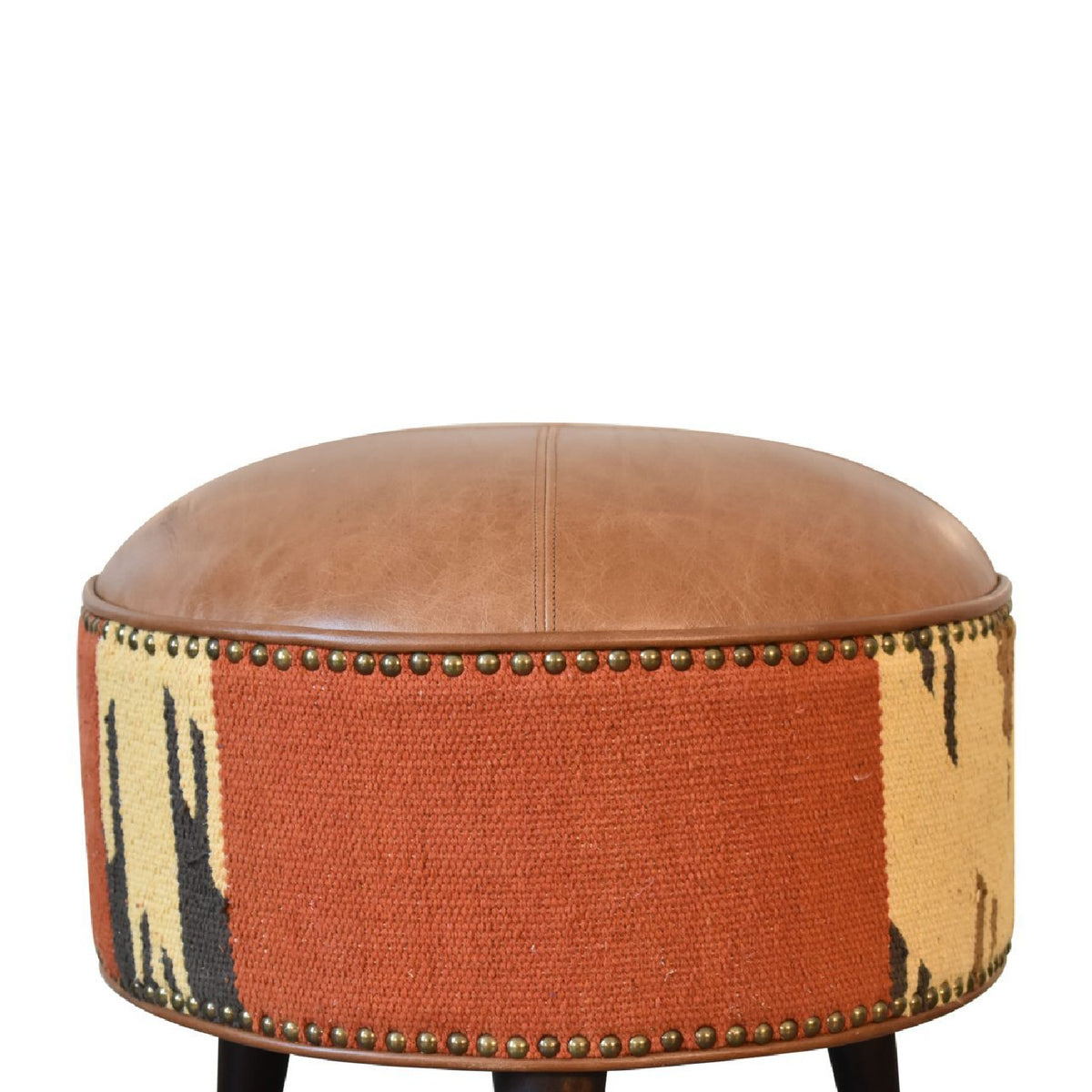 Solid Wood Leather Mixed Upholstered Footstool | OROA