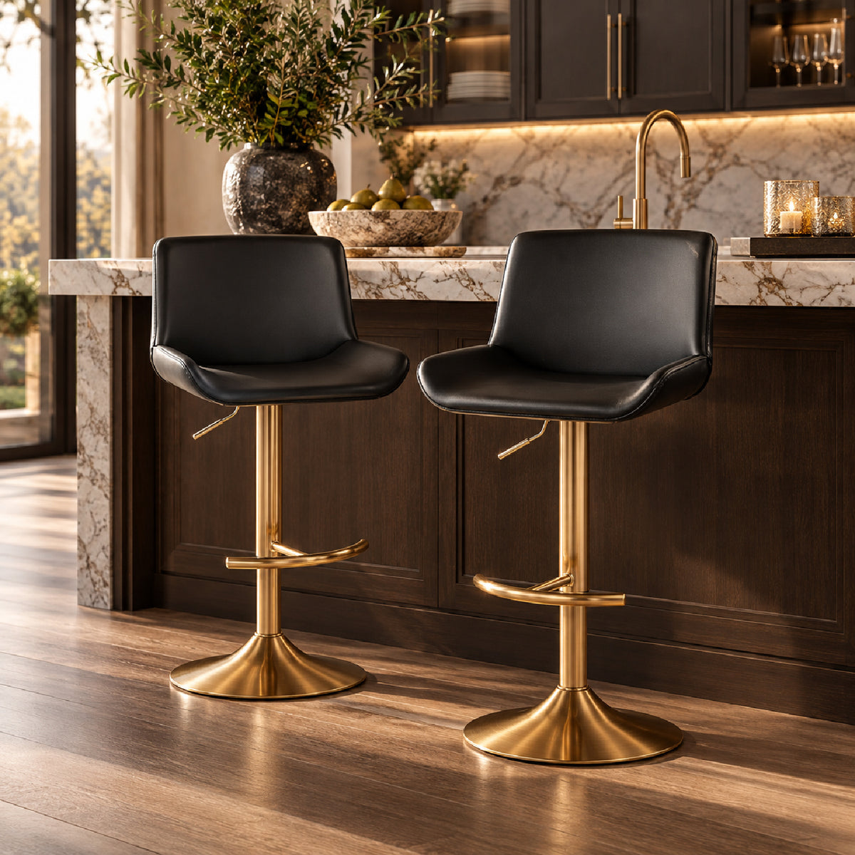 Black Gold Upholstered Swivel Barstools (2) | OROA