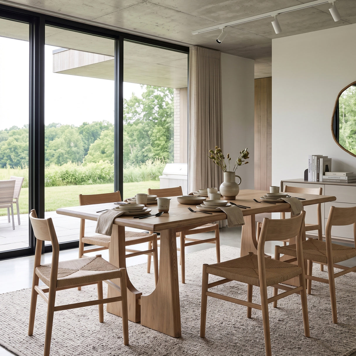 Antique Natural Brown Pine Wood Dining Table | OROA
