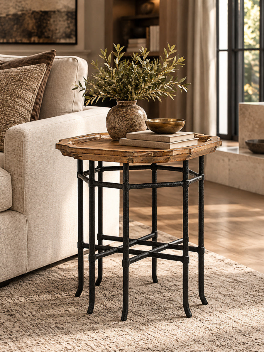 Modern European furniture - Reclaimed Pine Wood Iron Side Table - www.oroa.com