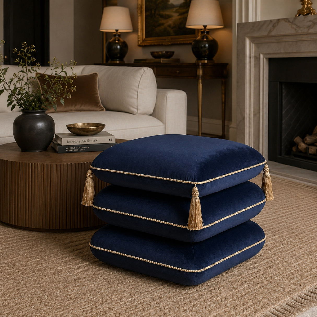 Navy Blue Velvet Square Fringe Ottoman | OROA