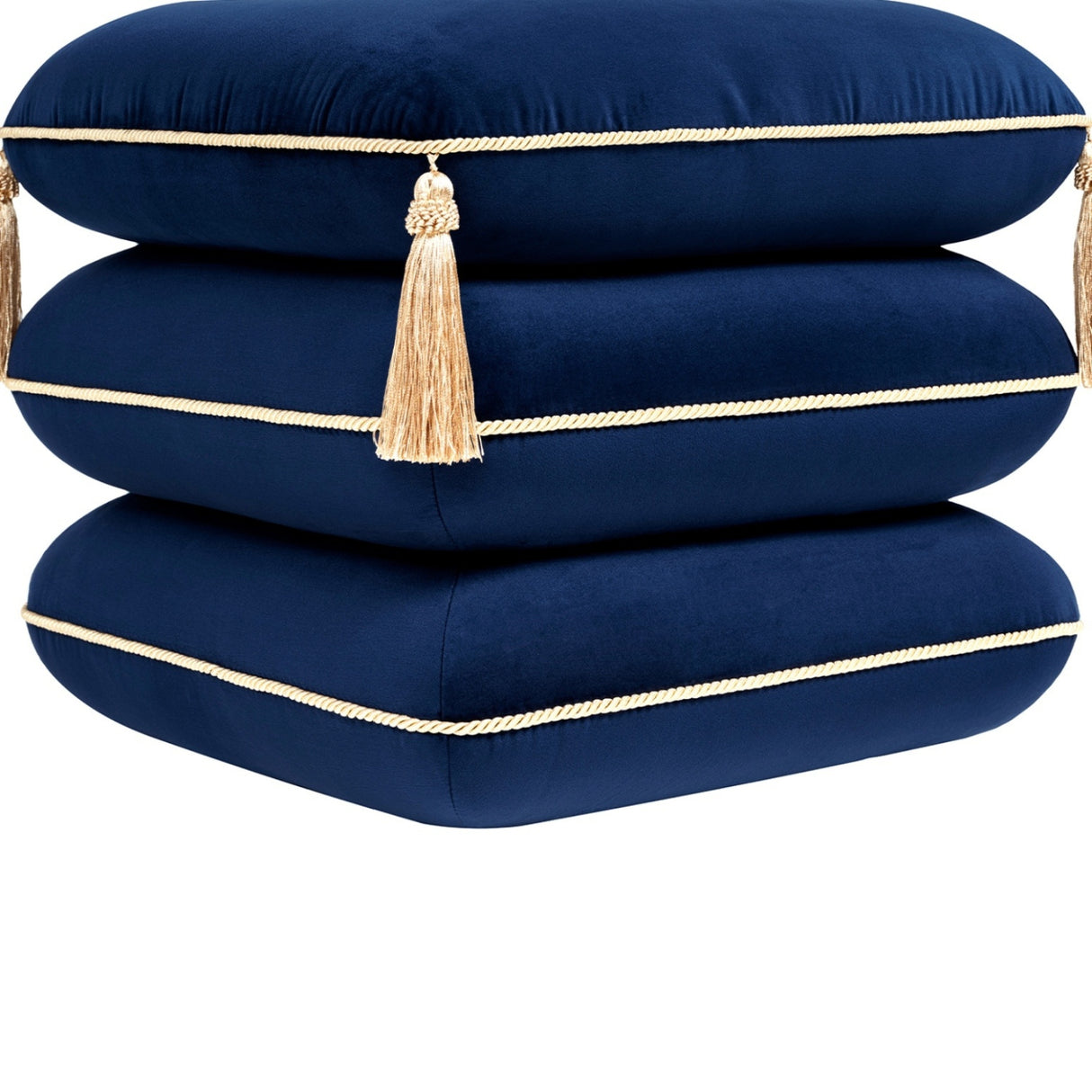 Navy Blue Velvet Square Fringe Ottoman | OROA